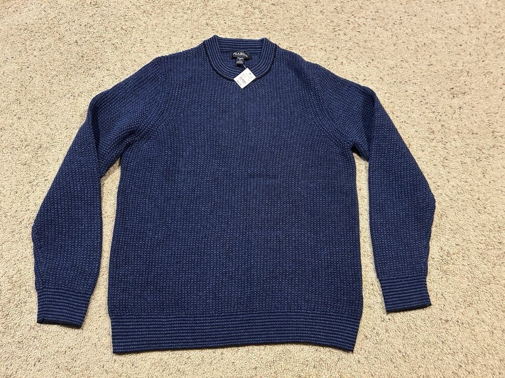 $80 Jos A Bank size L SWEATER Tailored Fit WOOL BLEND Crew Neck Blue NEW V25